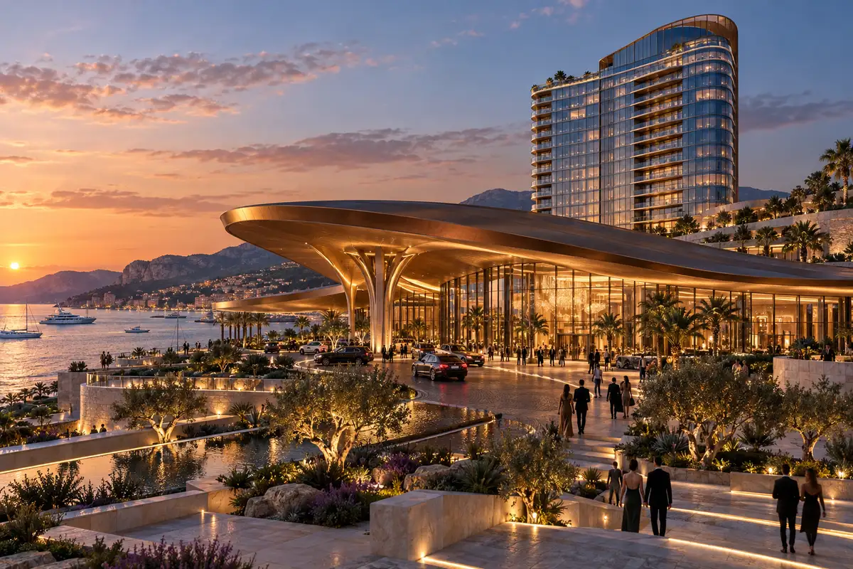 Concept render of a waterfront casino resort: a low pavilion under a sweeping bronze roof with a glass hotel tower behind