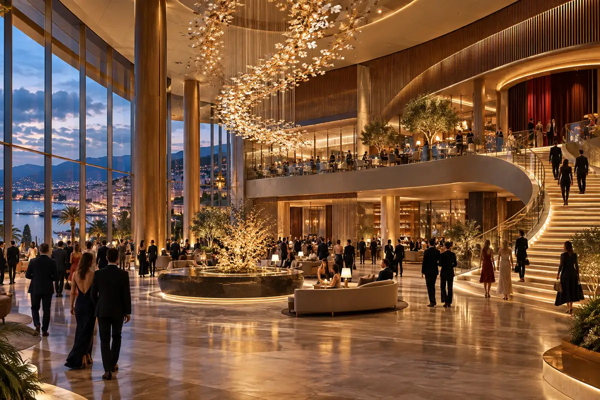 Concept render of the double-height entrance hall with a sculptural chandelier and a curved staircase to the theatre foyer