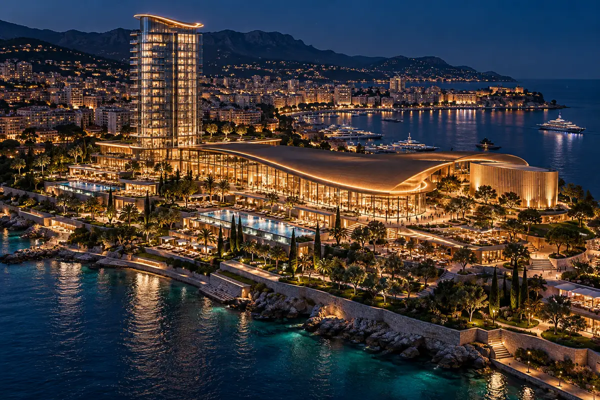 Night aerial concept render of the resort with its hotel tower, illuminated pavilion roof, pools and gardens