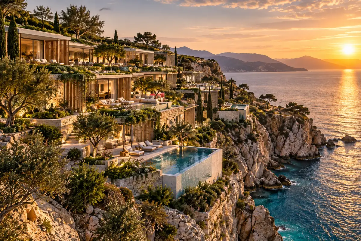 Concept render of a spa hotel stepping down a rocky cliff above the sea in planted terraces with pools