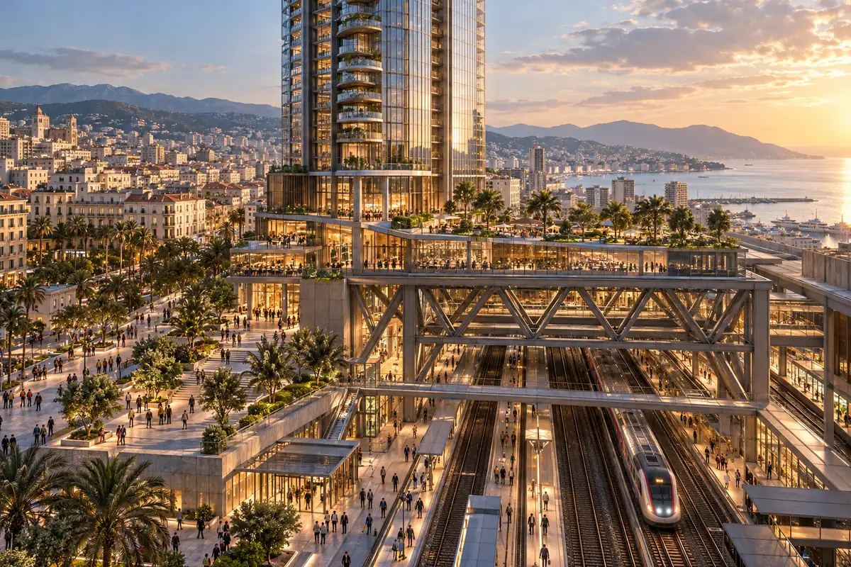 Concept render of a slender mixed-use tower above a rail station, carried on a steel transfer structure over the tracks