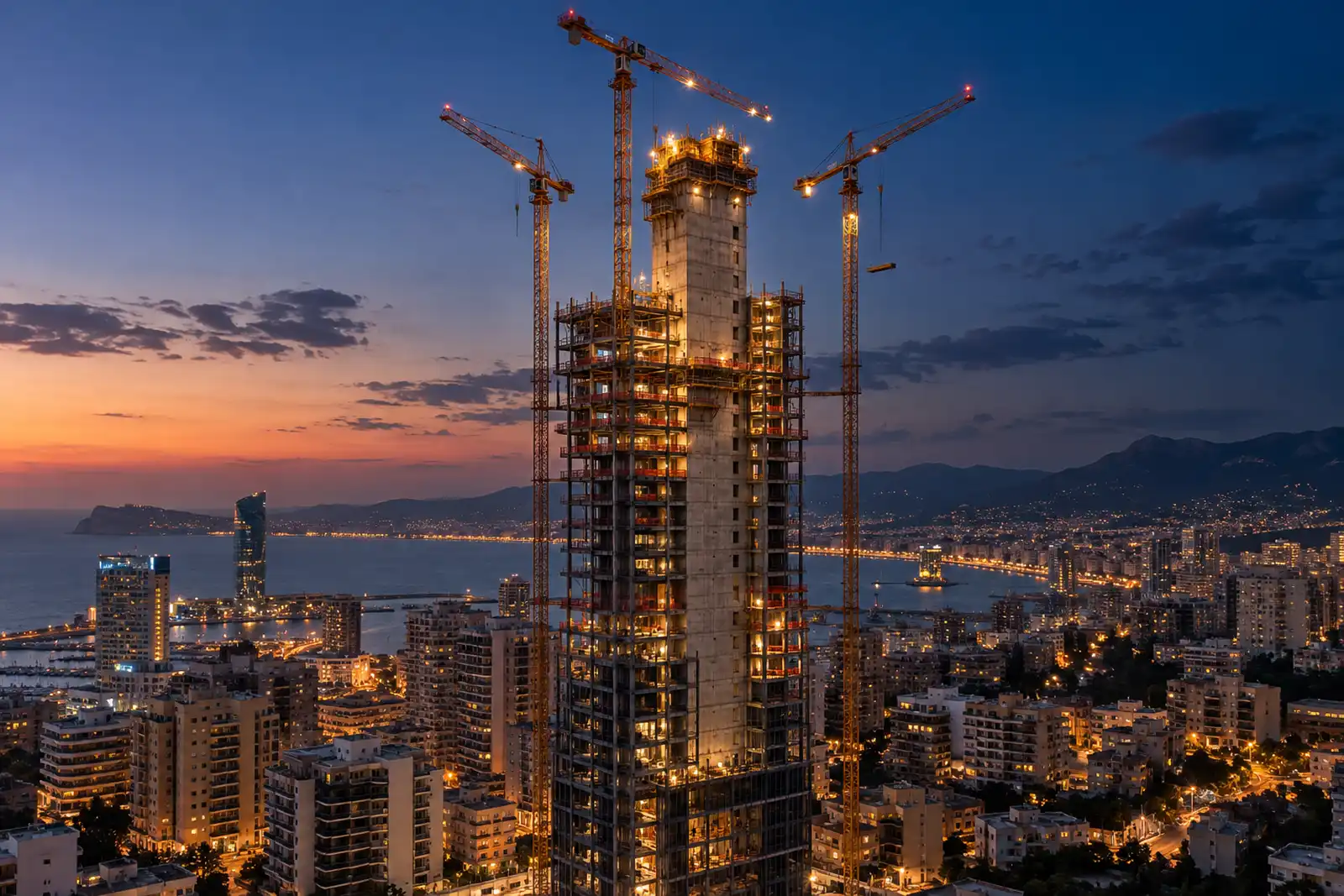 A concrete high-rise under construction at dusk, its core rising above the frame with three tower cranes at the top