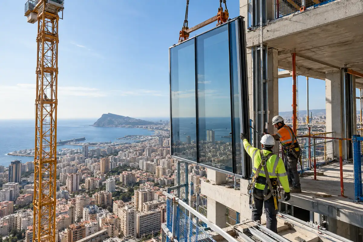 A unitised glass facade panel guided into place by two workers on an upper floor, with a crane and the sea behind