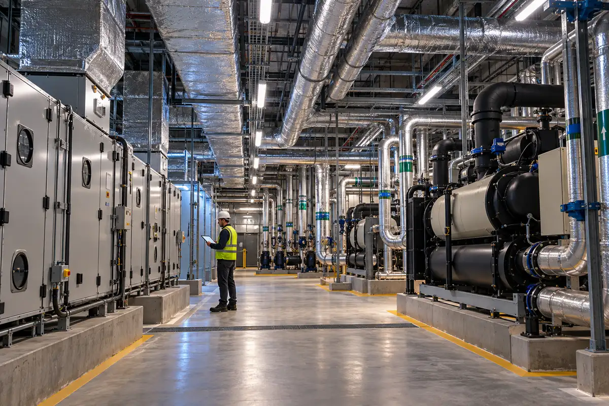 A clean, well-lit plant room with air handling units, ducts and pipework, inspected by an engineer