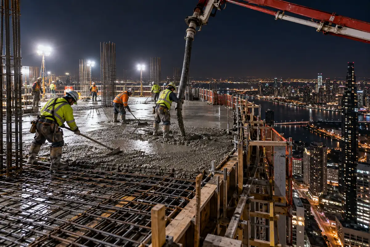 A night concrete pour on an upper floor, with a pump boom over the deck and workers levelling the concrete under floodlights