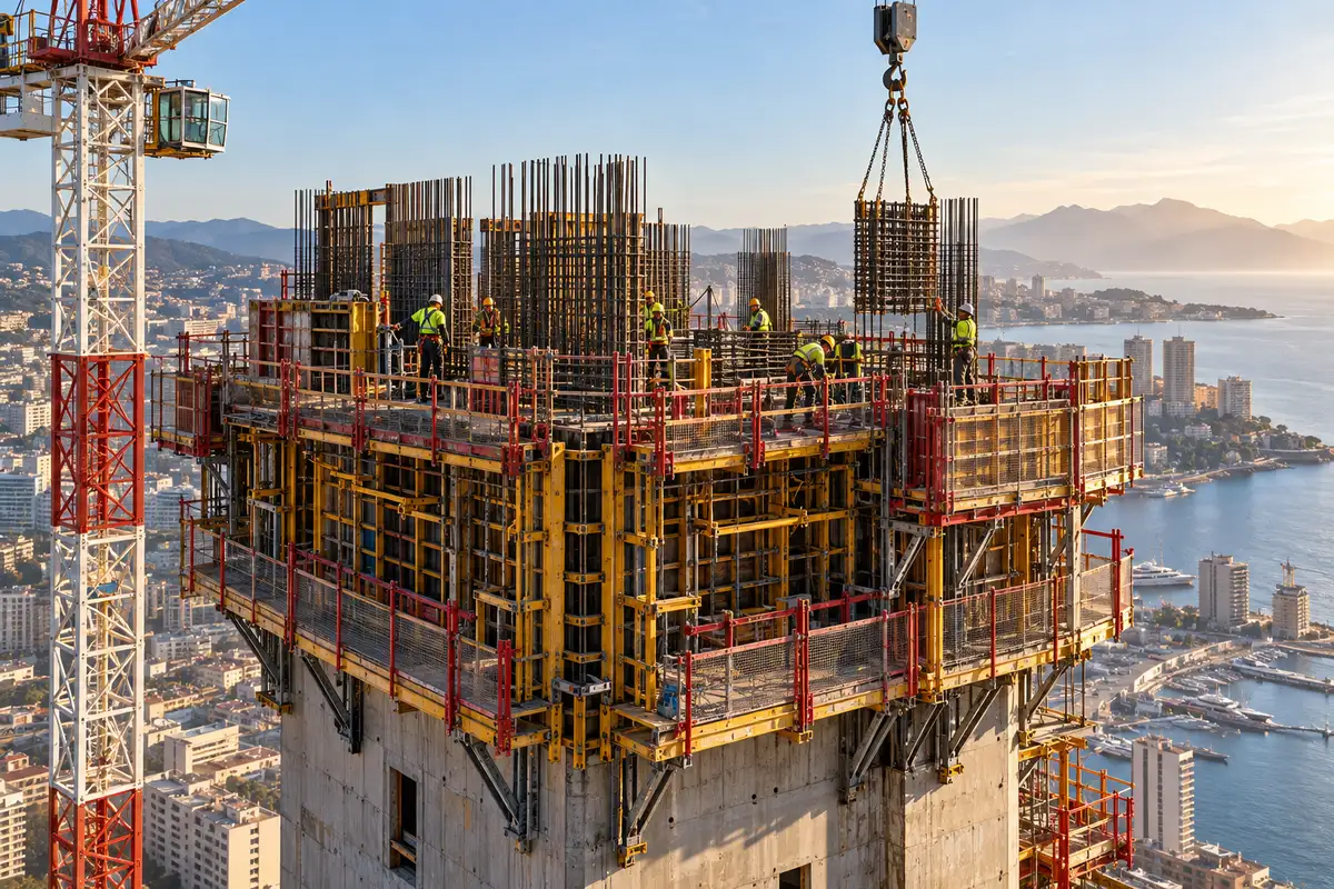 Self-climbing formwork at the top of a concrete core, with workers fixing reinforcement under a crane hook