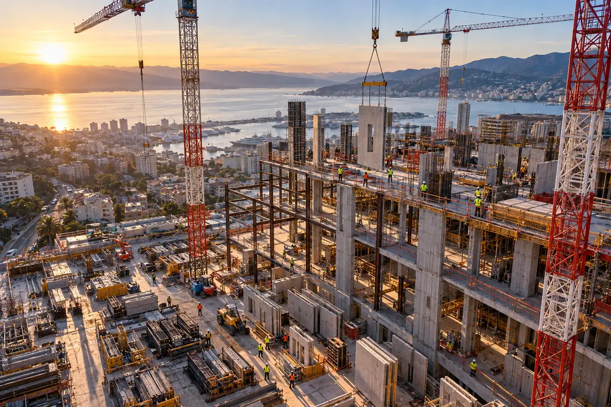 A high-rise site at the frame stage at sunrise, with tower cranes lifting precast elements over organised laydown areas